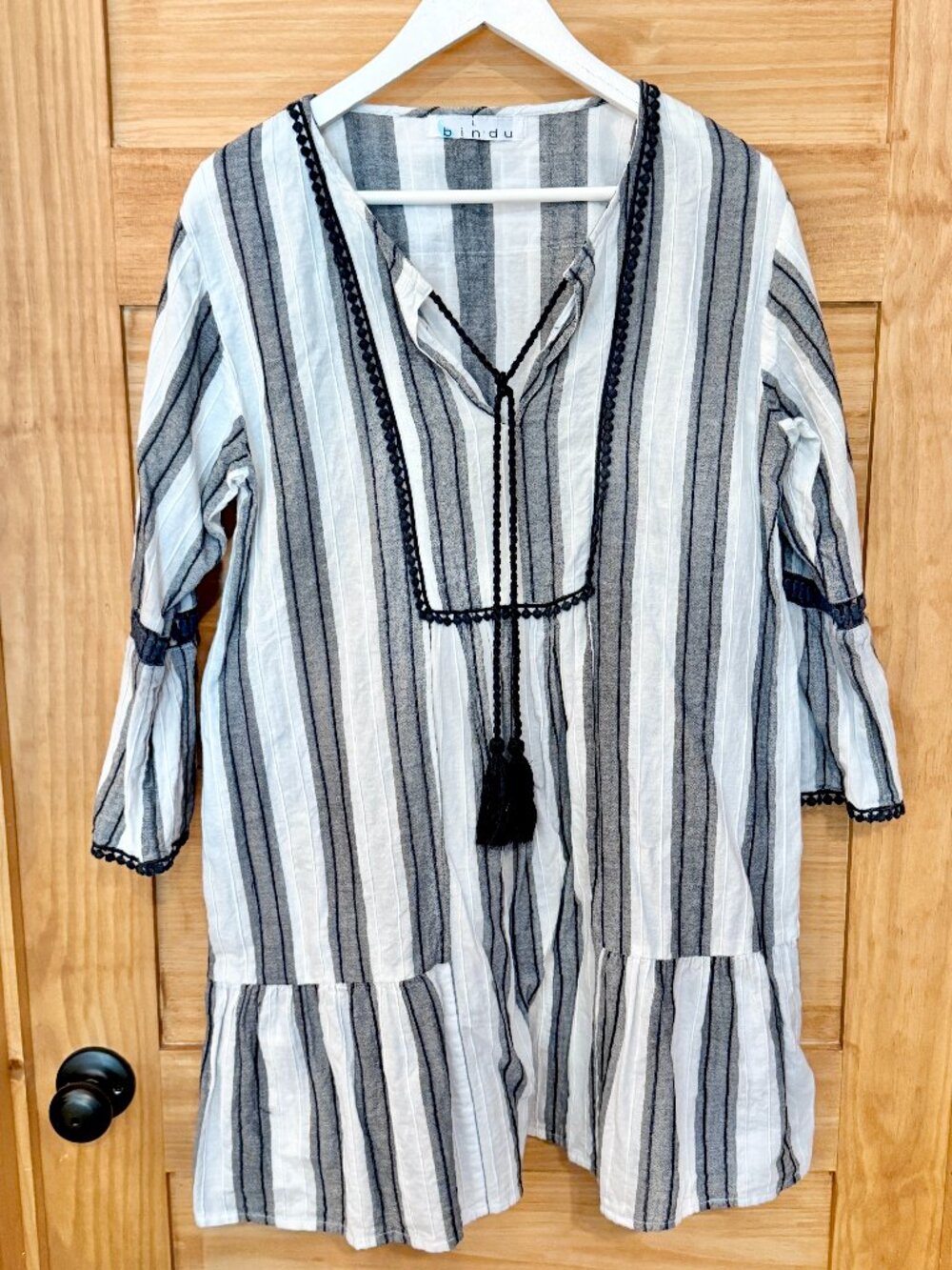 BINDU Anthropologie Cotton Striped Tasseled Tunic Beachy Swim Cover Dress size L